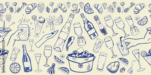 Hand drawn doodle pattern of celebratory drinks food and party elements in blue ink on a cream background