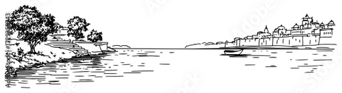 Indian Lakeside Cityscape with Palaces Ink Sketch