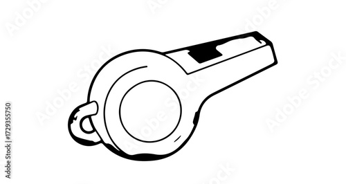 A black and white line drawing of a simple, classic whistle with a loop for attachment.