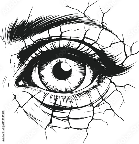 Single eye wide open, with cracked veins, black and white vector line art, surreal look 1