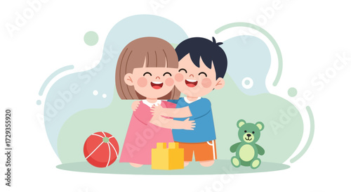 Happy Children Hugging With Toys, Perfect For Illustration, Joy And Childhood Concept