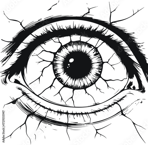 Single eye wide open, with cracked veins, black and white vector line art, surreal look