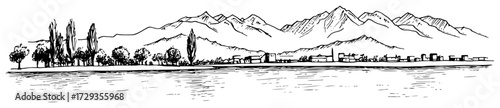 Mountain Lake Shoreline Town Panorama Ink Sketch