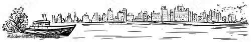 Modern Waterfront Skyline with Boat Hand Drawn Vector