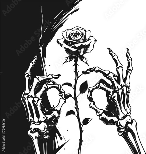 Two skeleton hands holding a rose, black and white continuous line art, dark romantic concept