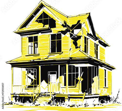  Abandoned house in black and white vector line art, broken windows, tilted roof, bold clean outline, flat background.