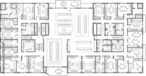 Vector art of architectural blueprint of a large office floor plan with cubicles, meeting rooms, and offices