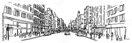 Urban City Street Perspective with Crowd Hand Drawn Vector