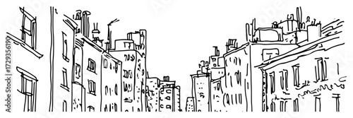 European Old Town Street with Rooftops and Chimneys Hand Drawn Vector