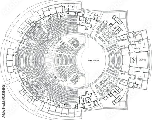 Vector art of architectural drawing of a circular theater or auditorium with tiered seating and stage