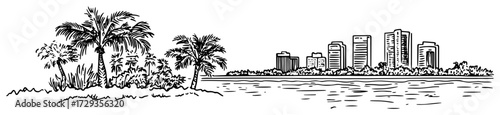 Miami Skyline With Palms Across Bay Vintage Engraving Vector