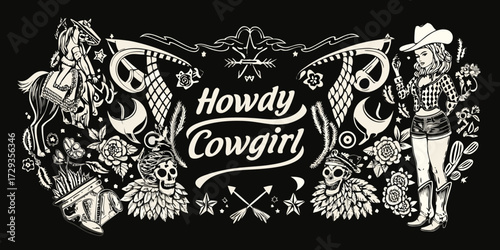 Howdy cowgirl western illustration with horse skull and flowers on black background