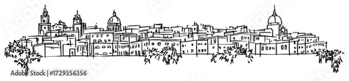 Mediterranean Old Town With Domes Panorama Vintage Engraving Vector