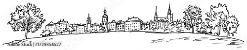 European Small Town Skyline Panorama Line Art Vector