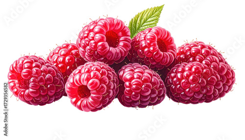 Vivid  composition showcases a pile of ripe, juicy raspberries against a stark black backdrop, highlighting their textured surfaces, vibrant red hues, and the presence of a single green leaf,...