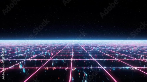 Synthwave-style grid landscape with neon lines on dark background of stars and space