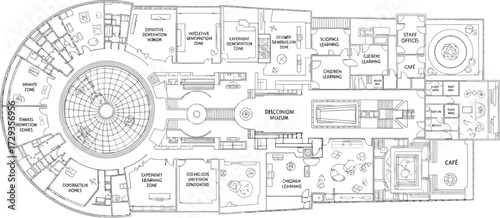 Vector art of blueprint of a spaceship interior layout with various compartments and facilities