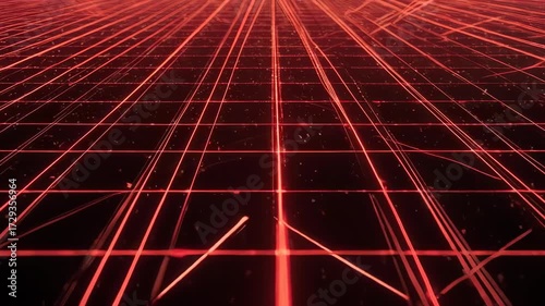 A red grid pattern of lines extends towards a vanishing point, with scattered debris