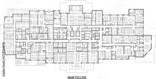 Vector art of architectural blueprint of a large building floor plan with many rooms and corridors