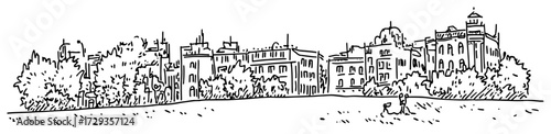 Historic Palace Park Panorama Line Art Vector
