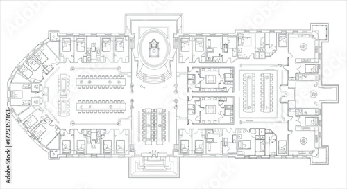 Vector art of architectural blueprint of a large building floor plan with detailed room layouts