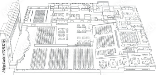Vector art of architectural drawing of a large complex building floor plan with multiple sections