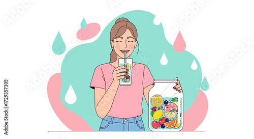 Healthy Woman Enjoying Fruit Infused Water, Refreshing Beverage and Colorful Illustrations