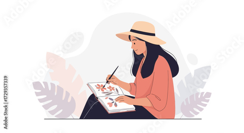 Illustrative Depiction Of Woman With Hat Painting Flowers In Her Sketchbook