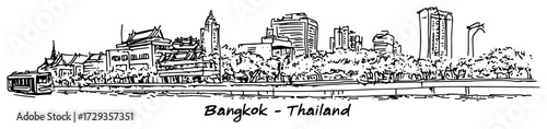 Bangkok Skyline with Temples Riverside Panorama Line Art Vector