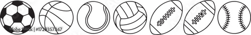 simple sports ball icons vector set soccer basketball tennis volleyball american football baseball line art ai eps png jpeg