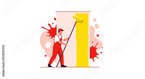 Illustration of a painter painting a yellow wall with a paint roller vector image