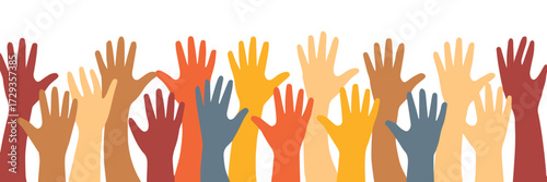 inclusive raised hands vector illustration of diverse community participation and support, unity and volunteering concept