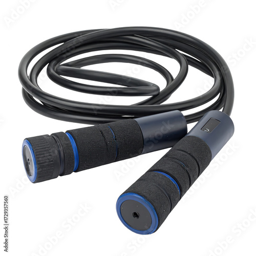 A  photograph presents a fitness tool, featuring a coiled black rope connected to two dark blue handles with black foam grips and blue accents, set against a plain black background.