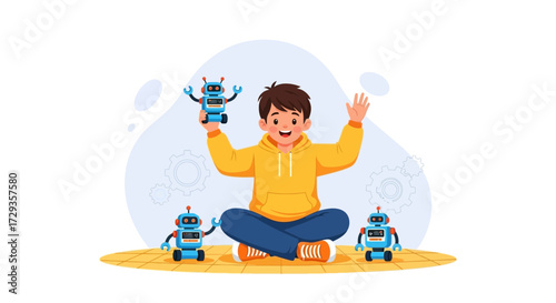 Joyful Boy Showcasing His Robotic Creations Celebrating Technological Innovation