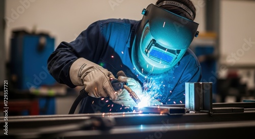 Skilled craftsman performing industrial metalwork with a welding torch creating bright sparks