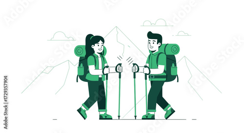 Joyful Couple Hiking Together in Mountainous Scenery with Backpacks and Trekking Gear