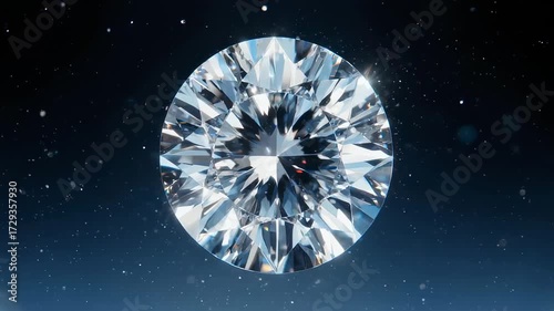 A faceted, sparkling gem against a blue-black backdrop with subtle, glowing particles