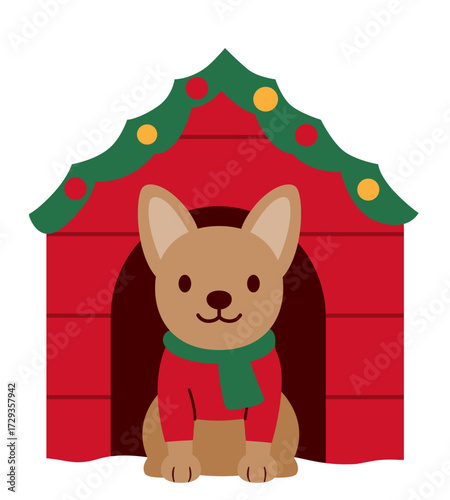 Cute Christmas doghouse and dog flat stock vector illustration.
Dog in Snowy Doghouse.
Illustration of Dog in Christmas Decorated Doghouse.
Transparent background. svg.