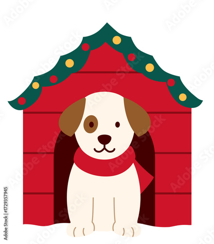 Cute Christmas doghouse and dog flat stock vector illustration.
Dog in Snowy Doghouse.
Illustration of Dog in Christmas Decorated Doghouse.
Transparent background. svg.
