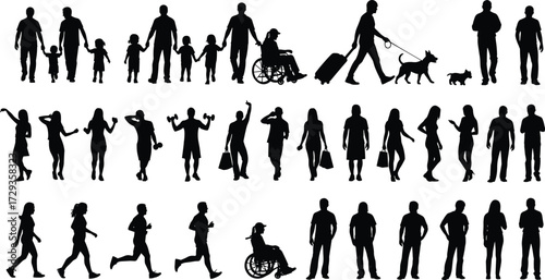 Large set of diverse people silhouettes in various everyday activities, including walking, running, exercising, and traveling, black vector illustration