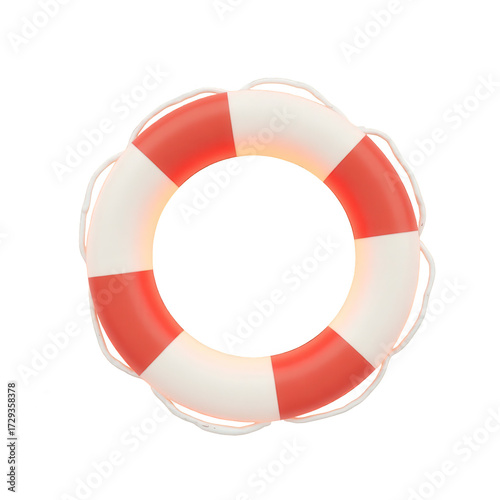 Circular life preserver in vibrant red and white colors, floating against a pure black backdrop, with carefully rendered details and visible ropes, showcasing a clean and minimalist aesthetic that...