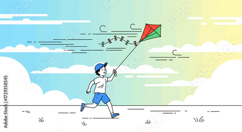Joyful Kid Soaring Kite In The Sky On A Sunny Day With Happiness and Freedom