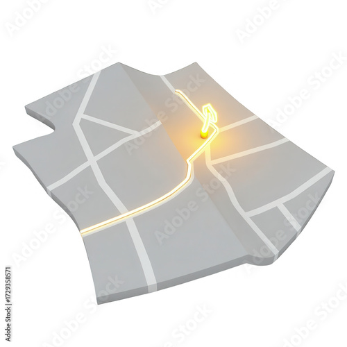 Illuminated map displaying a route, with a glowing yellow light indicating the destination and path, set against a black background, showcasing navigation and travel conceptualization, providing an...