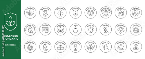 Set of Eco line art icons with text. Symbols for natural products, labels, wellness design