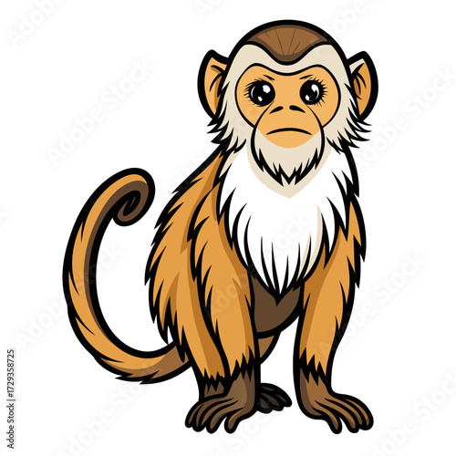 Cute cartoon monkey sitting looking forward on white background