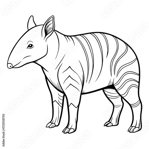 Black and white line art drawing of a tapir