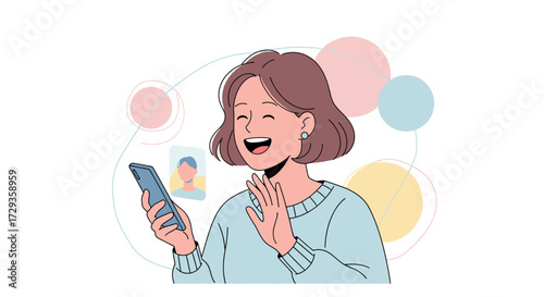 Joyful Woman Engaged in Video Call, Expressing Happiness and Utilizing Technology Beautifully