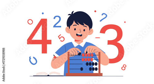 Joyful Young Student Solving Arithmetic Problems Using Abacus with Numerical Elements