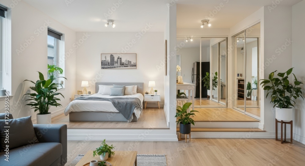 Fototapeta premium Modern Minimalist Studio Apartment Living Space with Elevated Bedroom and Mirrored Wardrobes