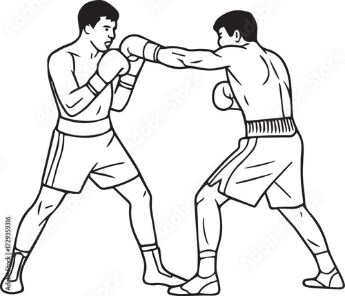 two male boxers exchanging a straight punch and guard stance line art vector black and white sport illustration